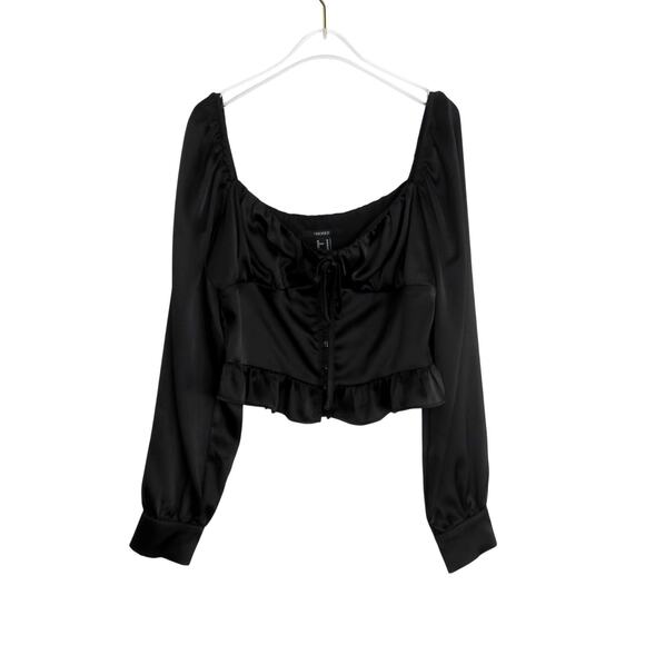 Forever 21 Black Satin Long Sleeve Cropped Tie Front Top Size Medium - Picture 2 of 6